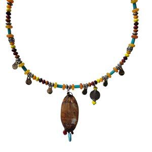 Handmade Boho Beaded Choker Necklace Stone Pendant Silver Tone Accents Jewelry